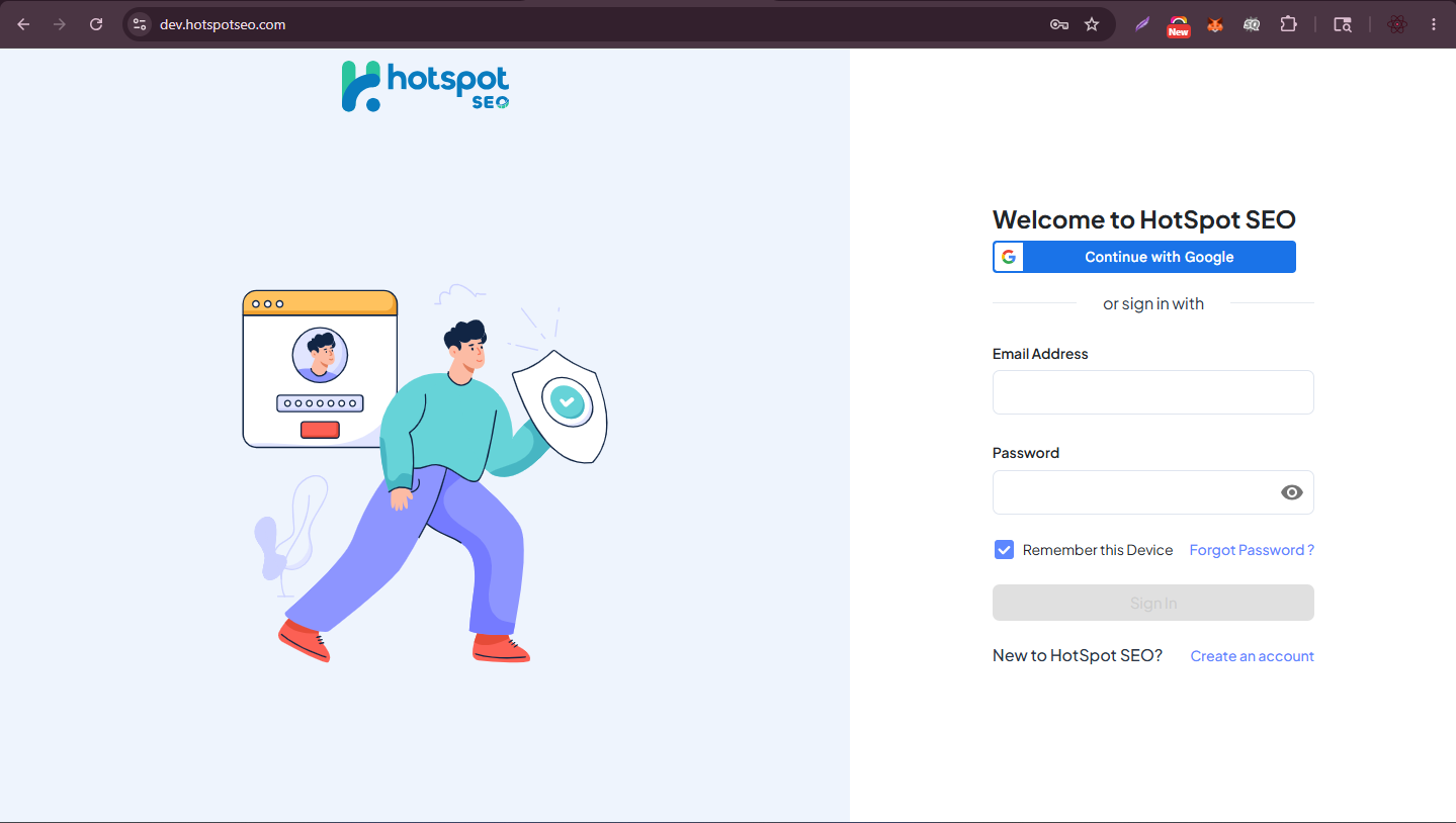 HotSpot SEO — Login screen with Google sign-in and email/password options.