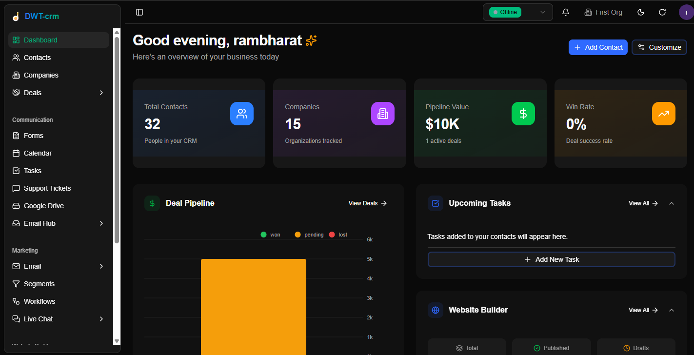 RevStream CRM Dashboard — contacts, pipeline value, deal board, tasks, and website builder.