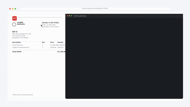Screencast comparing traditional rule-based scripts with autonomous ai agents handling unstructured invoice processing.