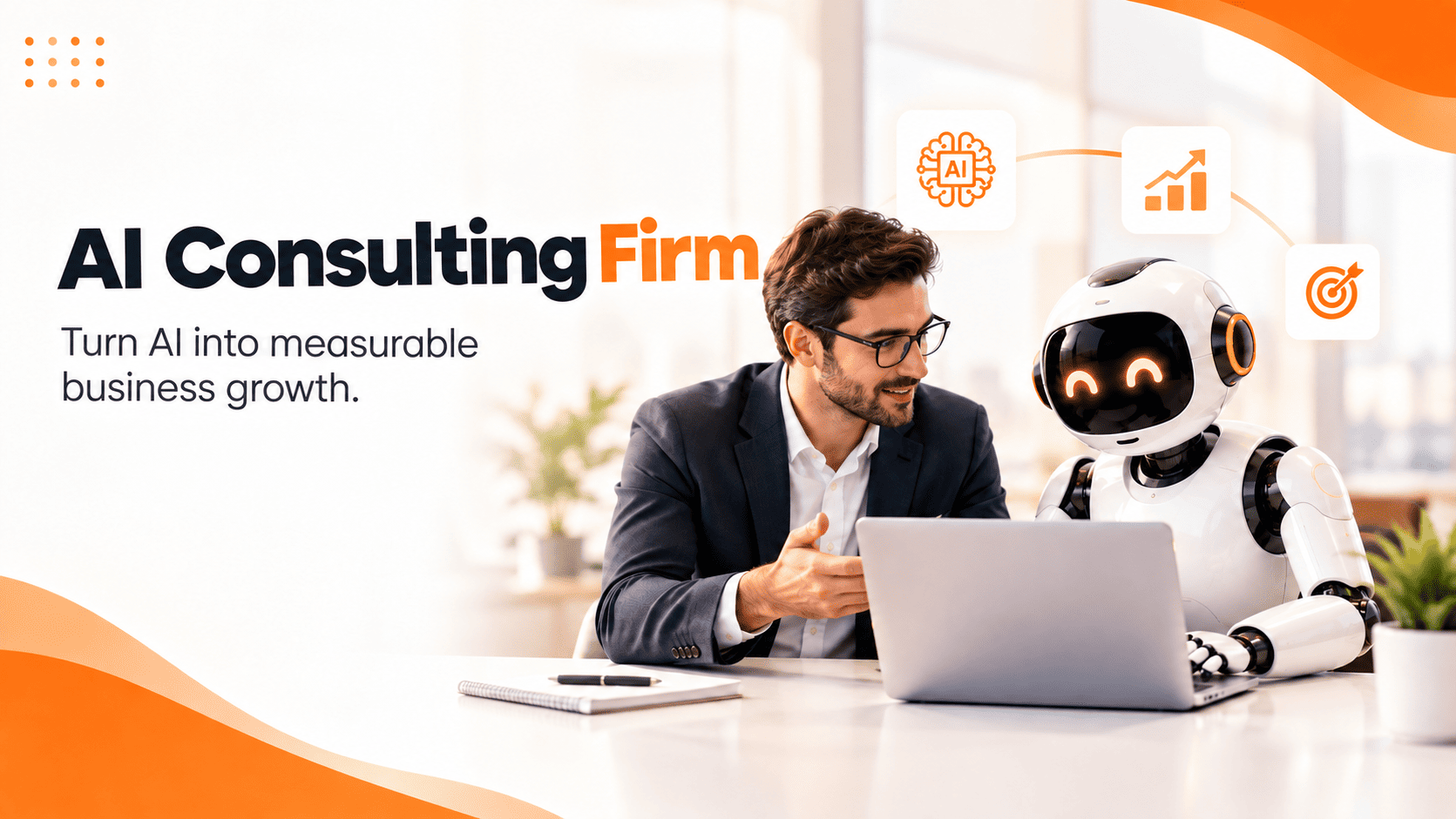 Businessman collaborating with a robot at a laptop, titled AI Consulting Firm.